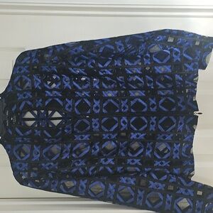 NWOT Becky & Bobby Mesh Geometric Lattice Blue Black Zip Up Jacket Medium
